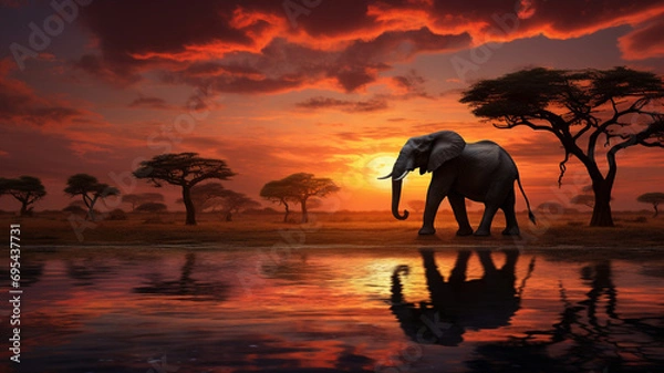 Fototapeta A beautifully composed HD image capturing the essence of an African sunset, with the silhouette of a wildlife creature adding a touch of drama and elegance to the scene.