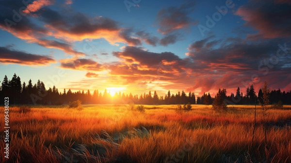 Fototapeta A breathtaking autumn evening, with the sun setting over a field of tall grass, casting warm and vibrant colors on the landscape, captured in HD perfection.