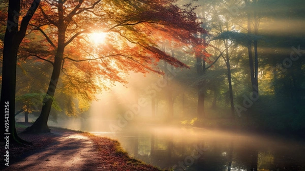 Fototapeta A breathtaking autumn morning captured in high definition, featuring a colorful forest bathed in sunlight, with rays filtering through the leaves and branches, creating a magical scene.