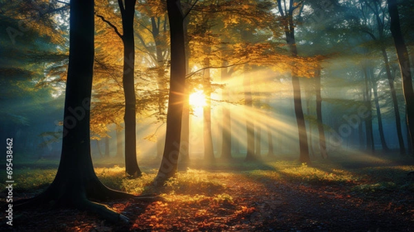 Fototapeta A breathtaking autumn morning captured in high definition, featuring a colorful forest bathed in sunlight, with rays filtering through the leaves and branches, creating a magical scene.