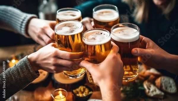 Fototapeta Group of people drinking beer at brewery pub restaurant, Happy friends enjoying happy hour sitting at bar table, Closeup image of brew glasses, Food and beverage lifestyle