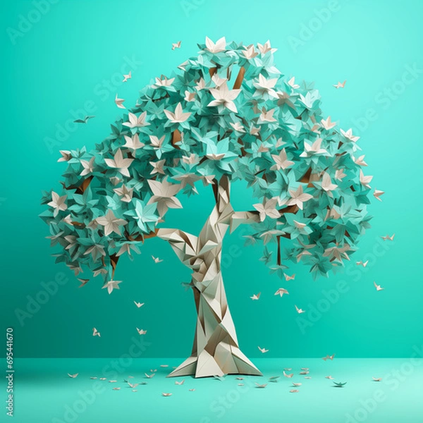 Obraz Paper Tree on turquoise background. Generative AI