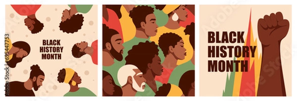 Obraz A set of layouts with African Americans. Black men and women. Fist.Black History Month. Cartoon, flat, vector illustration.