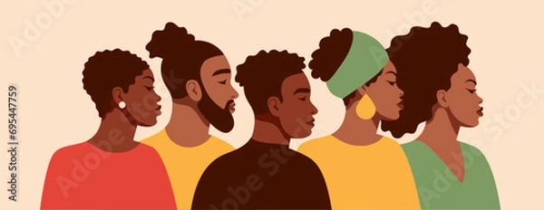 Fototapeta A group portrait of black people. African American men and women. Black History Month. Cartoon, flat, vector illustration