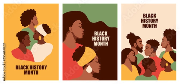 Fototapeta A set of layouts with African Americans. Black men and women. Fist.Black History Month. Cartoon, flat, vector illustration.