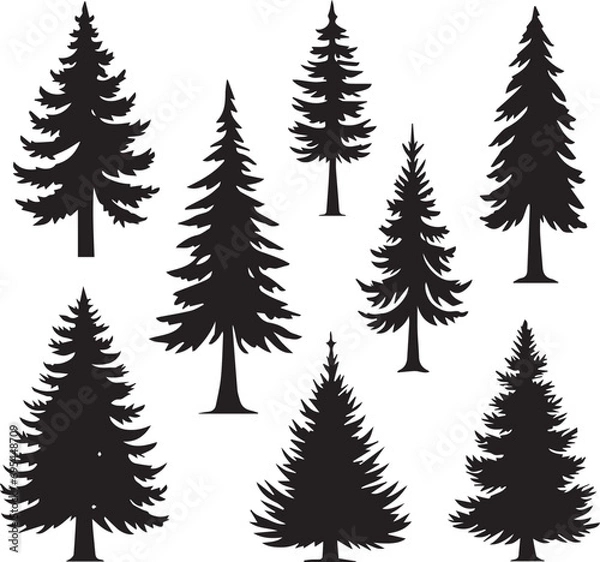 Fototapeta Silhouette Solid Vector Icon Set Of Christmas Tree, Yule tree, Fir tree, Tannenbaum, Evergreen, Conifer, Pine tree, Holiday tree, Festive tree, Decorated tree, Seasonal tree.