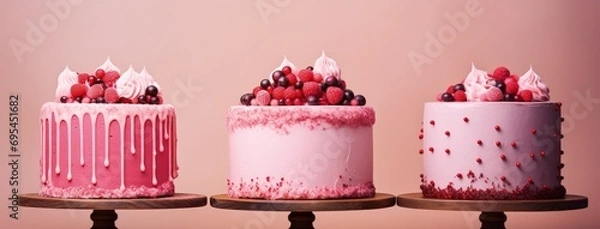 Fototapeta cake and dessert with fresh berries and cream in the style of light pink and crimson, bokeh panorama