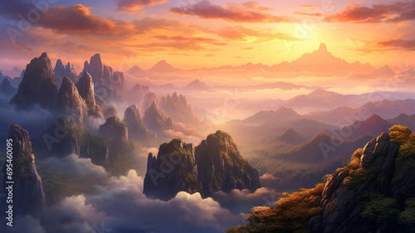 Fototapeta A fantastic dreamy sunrise on the pinnacle of a rocky mountain, with the sun painting the sky in warm colors and casting a magical glow over a misty valley, 