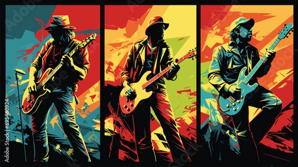 Fototapeta vector poster for a rock music festival, showcasing stylized illustrations of iconic rock bands and musicians, employing _flat color_ tones to capture the rock 'n' roll spirit