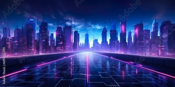 Fototapeta Night road to the city, neon landscape, background. Panorama of a city business skyscraper building. Modern architecture of metropolis center and big highway with fence surrounding concept