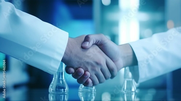 Fototapeta Professional handshake in lab setting, symbolizing partnership in science and research.