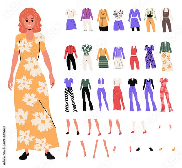 Fototapeta Girl in trendy flat style.Body part. Creation options and character composition. Set of clothes. Cartoon person. Isolated. Different emotions and gestures. White Background. Poses.