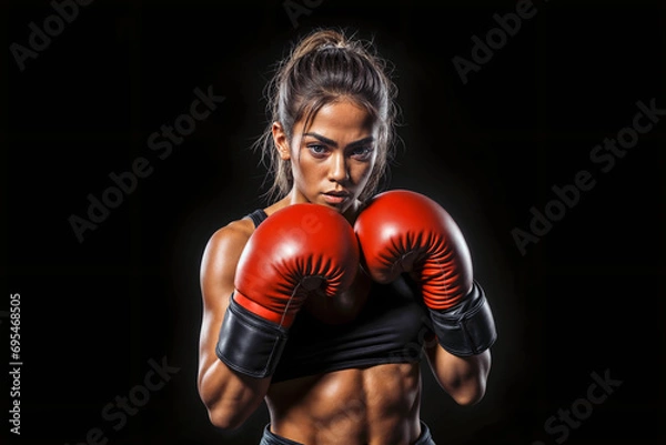 Fototapeta Half body shot of a female boxer with tanned skin and red gloves. Her guard is up, she is on a black background, with dramatic lighting