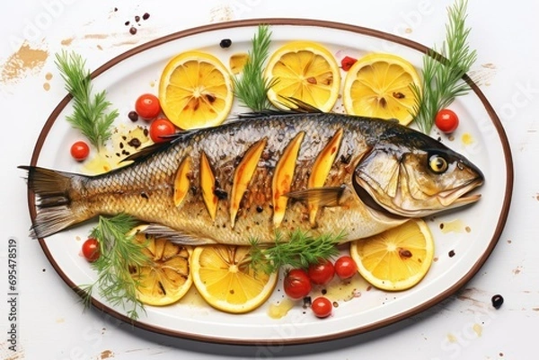 Fototapeta  a fish on a plate with lemons, tomatoes, and dill garnishes on a white plate with a brown border and brown trim around the edges.