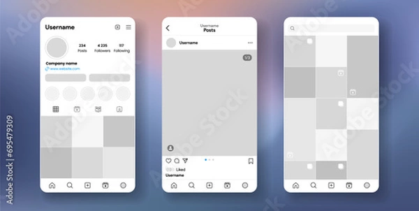 Obraz Instagram profile interface. Social media app template. Blank blog grid frame. Post and reel feed mock-up. Vector illustration.