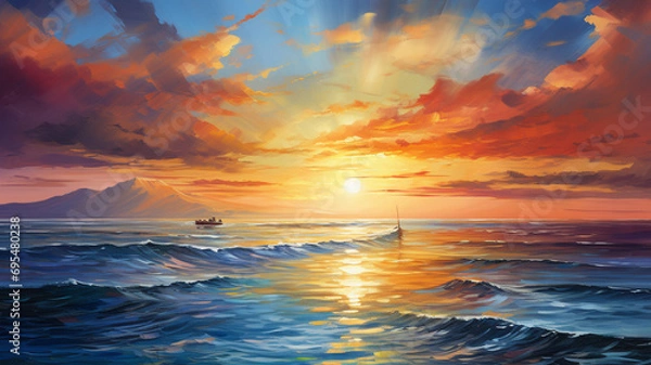 Fototapeta An amazing sea sunset, painting the sky in warm hues, with the tranquil waters reflecting the vibrant colors of the setting sun, creating a breathtaking nature landscape captured in high definition.