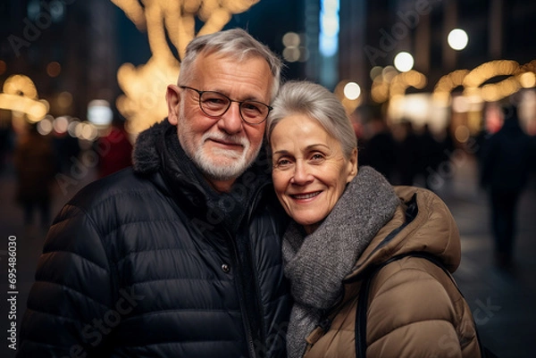 Fototapeta Generative AI portrait of retired couple in big city urban scene hugging spend time