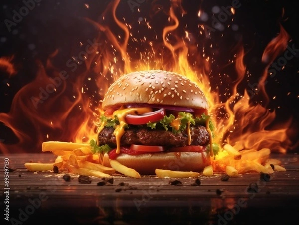 Fototapeta Delicious spicy fried chicken burger ads with burning fire on dark background.