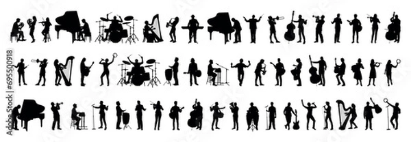 Fototapeta Large group silhouettes set of musicians playing instruments vector collection.