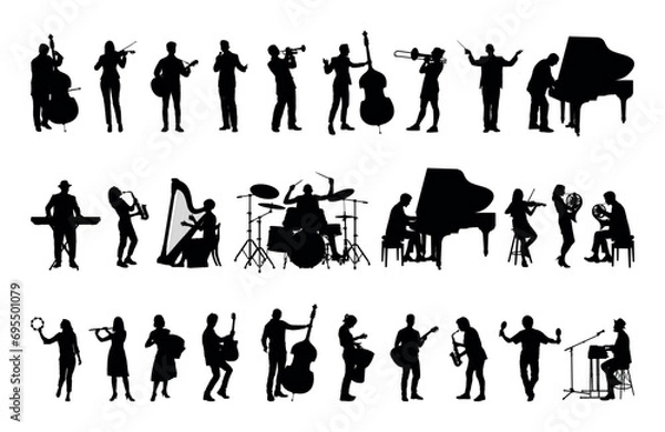 Obraz Group of musicians playing different musical instruments vector set silhouettes collection.