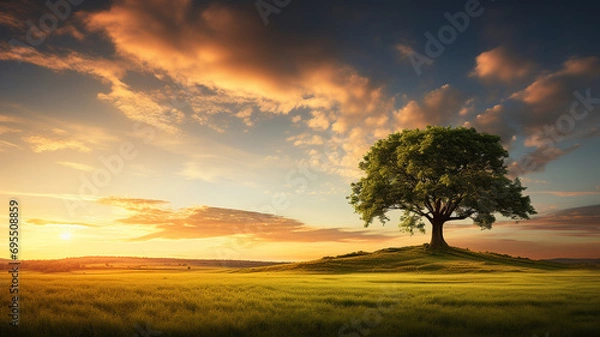 Fototapeta The grace of a lone tree reaching towards the heavens, surrounded by lush green grass, under the warm glow of a sunset sky filled with clouds, captured in high-definition clarity.