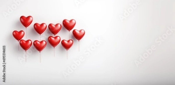 Fototapeta Valentine's Day background with red heart-shaped balloons floating on white background.