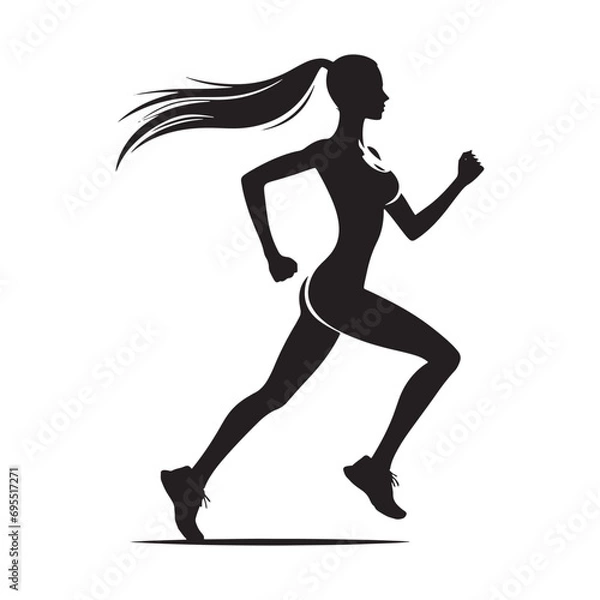 Fototapeta Running Girl Silhouette: Athletic Determination, Dynamic Jogger Silhouetted Against Vivid Sky - Minimallest running black vector lady runner Silhouette
