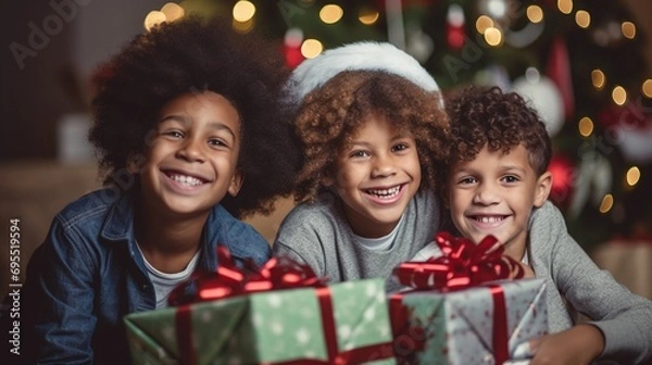 Obraz Three diverse kids happy and gleefully unwrap Christmas presents in a cozy living room, with a beautifully decorated tree in the backdrop, capturing the magic of the holiday spirit