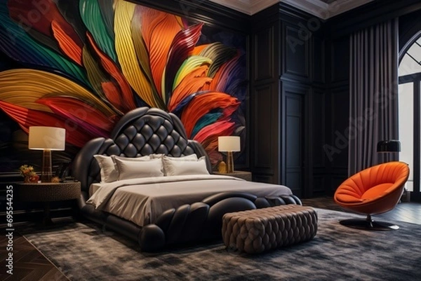 Fototapeta The guest bedroom welcomes visitors with a 3D intricate colorful pattern on the walls, adding a touch of luxury and modern sophistication.