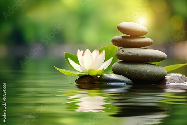 Fototapeta Luxurious upscale wellness spa for relaxation with lotus, bamboo and orchid flowers and candles