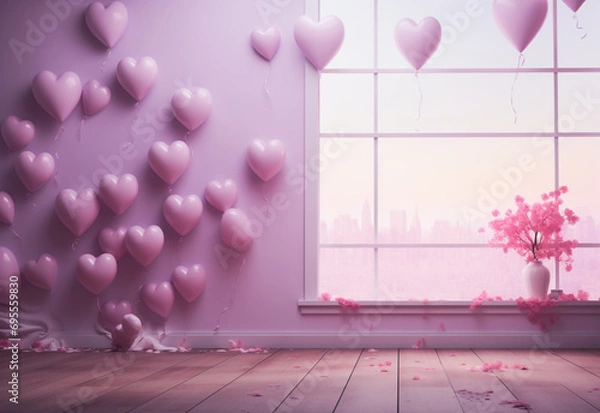 Fototapeta pink room with window and flowers  generated by AI technology