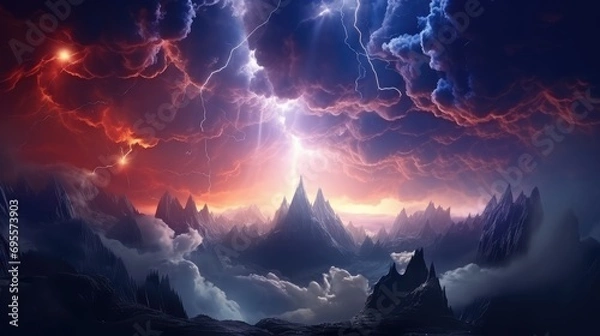 Fototapeta Dramatic thunderstorm illustration. Generative AI