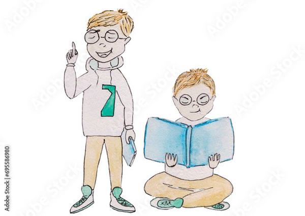 Fototapeta The character, a boy, conveys emotions and movements, actions, rides a yellow scooter with a backpack in a white T-shirt and light trousers, pants in sneakers, thinks,sits,reads a blue book,stands
