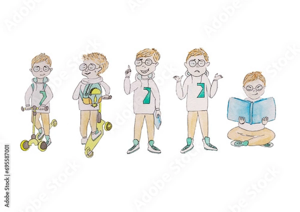 Fototapeta The character, a boy, conveys emotions and movements, actions, rides a yellow scooter with a backpack in a white T-shirt and light trousers, pants in sneakers, thinks,sits,reads a blue book,stands