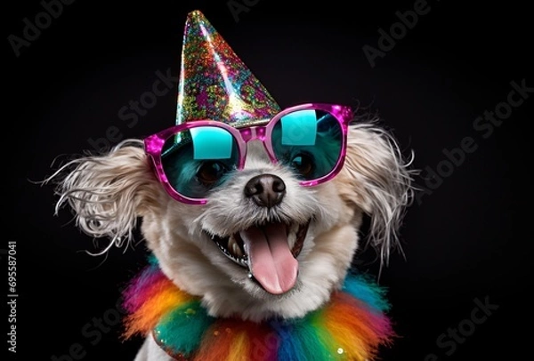 Fototapeta Colorful Hat and Sunglasses on a Dog Generative AI