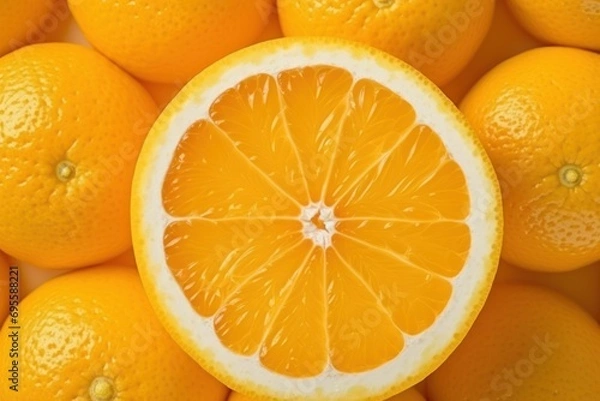 Fototapeta  a group of oranges with one cut in half and the other half in the middle of the photo with the whole orange in the middle of the photo and the top half.