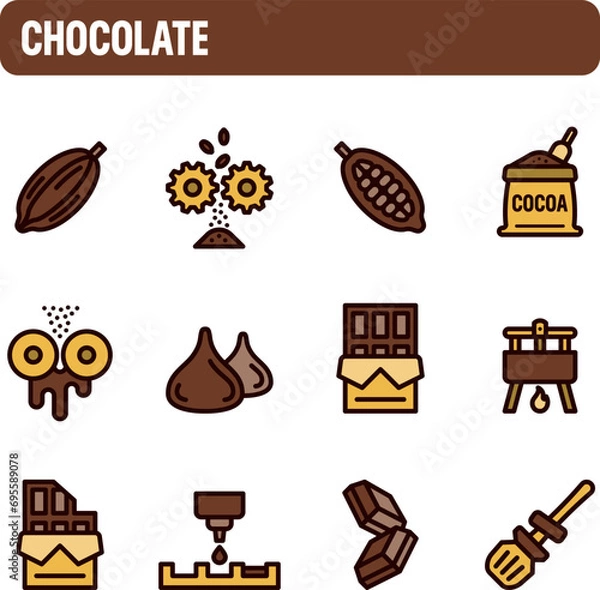 Fototapeta Chocolate icons. Chocolate manufacturing vector set. Color icon design. Cocoa