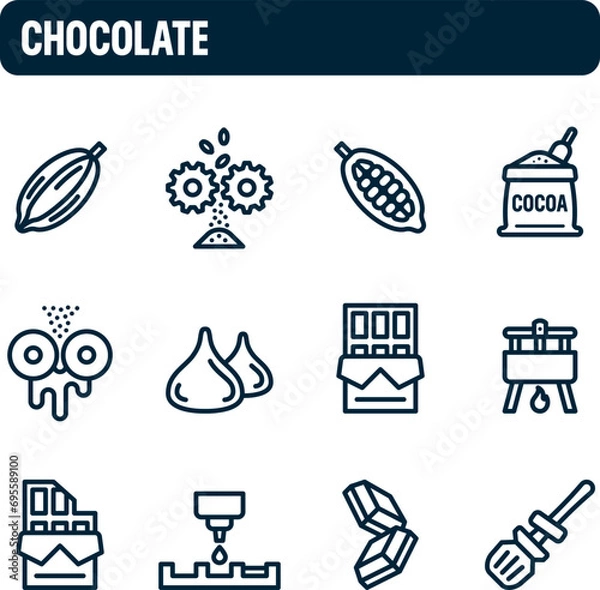 Fototapeta Chocolate icons. Chocolate manufacturing vector set. Outline icon design. Cocoa