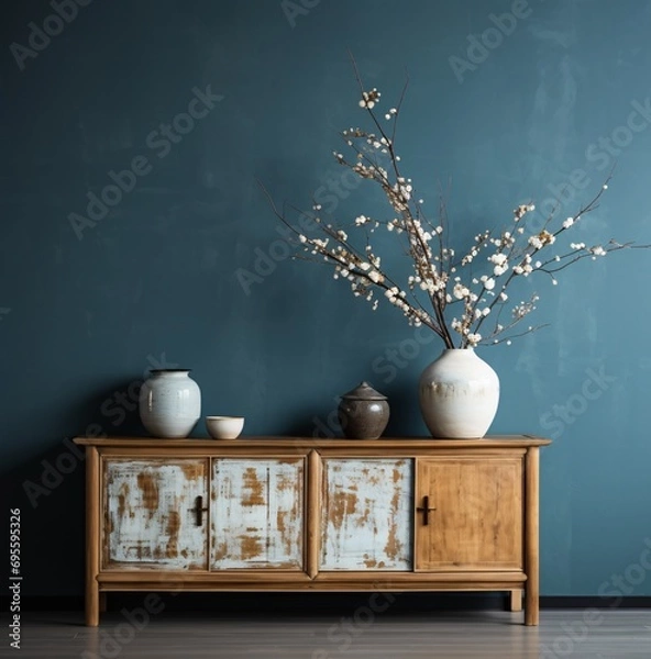 Fototapeta A vase with branches and flowers on a wooden table. Generative AI