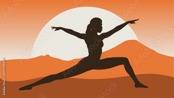 Obraz Minimal vector illustration of silhouette of a woman doing yoga in front of a desert sunset.
