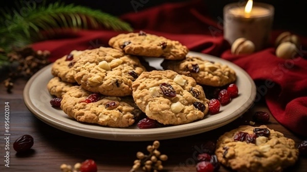 Fototapeta A plate of delicious cookies with chocolate chips and raisins Generative AI