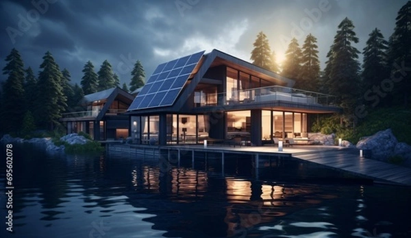 Fototapeta Modern House on Stilts over the Water Generative AI