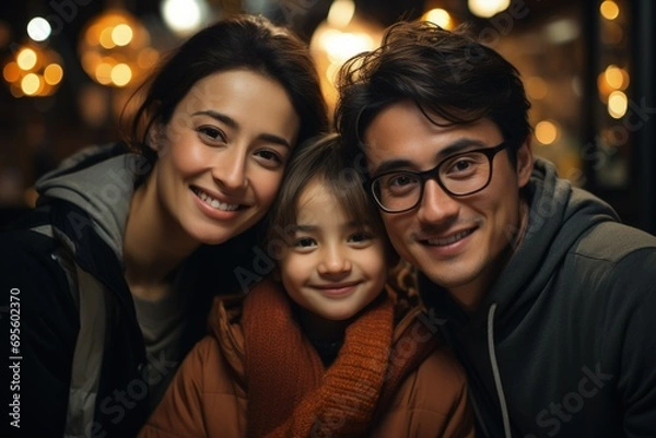Fototapeta Nighttime Family Bliss: Happy family enjoying an evening out, their faces illuminated by city lights, embodying warmth and togetherness.