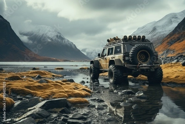 Fototapeta Off-Road Adventure - Rugged 4x4 Vehicle Against Mountainous Terrain: A 4x4 jeep traverses rough terrain, embodying adventure and the call of the wild amidst dramatic mountain scenery.
