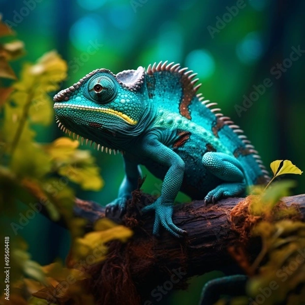 Fototapeta A vibrant blue and green lizard perched on a tree branch Generative AI
