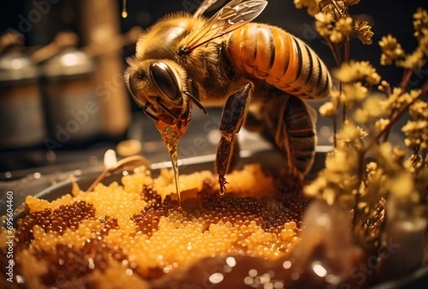 Fototapeta A bee drinking nectar from a flower Generative AI