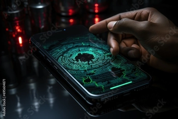 Obraz Cybersecurity Concept: Futuristic phone interface displaying digital security encryption, conveying a high-tech, secure, and innovative atmosphere.