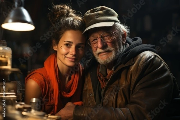 Fototapeta Generations in Craftsmanship: Elderly man and young woman in cozy workshop, capturing warmth, legacy, and the bond of shared craftsmanship. 