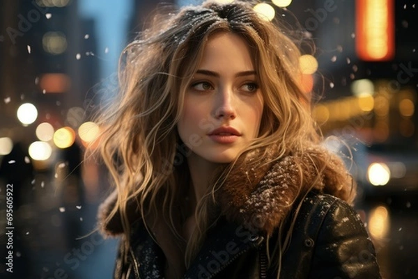 Obraz Winter Cityscape Portrait: Young woman with snow-dusted hair in an urban night setting, exuding a sense of wonder, contemplation, and the quiet beauty of winter.
