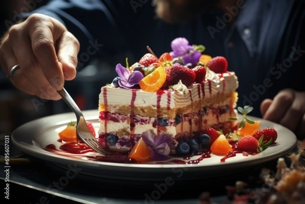 Obraz Decadent Dessert Delight: A person savors a layered fruit cake, symbolizing indulgence and the art of gourmet patisserie.